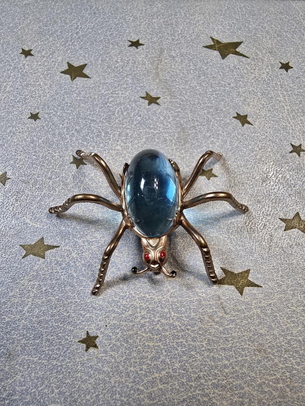 Vintage Blue Lucite Jelly Belly Brass Spider Figural Brooch
